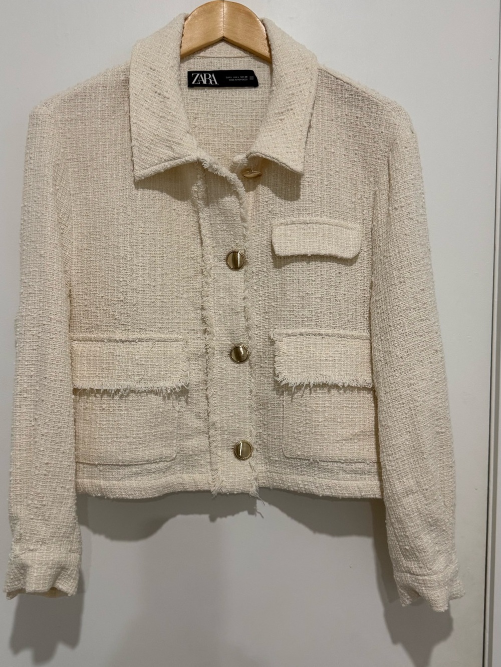 ZARA Off-White Tweed Frayed-Trim Button Jacket